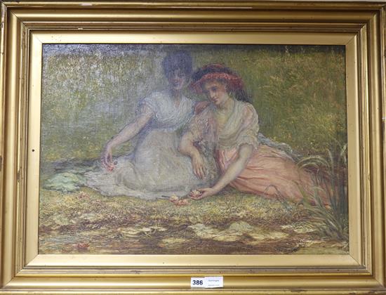 Attributed to Francis S. Walker (1848-1916) oil on canvas, two women and waterlilies 47 x 69cm.